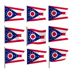 Nine stylized flags of the same design