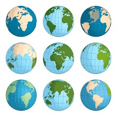 Nine stylized globes displaying different views of Earth