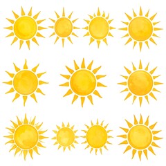 Nine stylized yellow sun illustrations with varying spiky rays