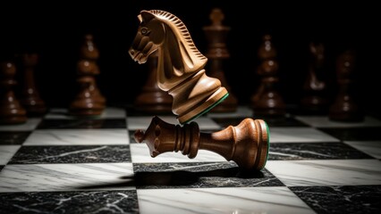Chess Knight Standing Over Fallen King on a Dark Chessboard, Strategic Game Concept.