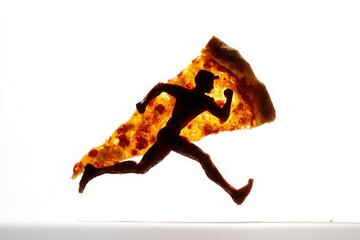 A runner dashes with a large slice of pizza against a bright white background, celebrating food and fitness.