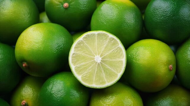 Whole and halved limes with glossy green skin and juicy segmented interior on neutral background.