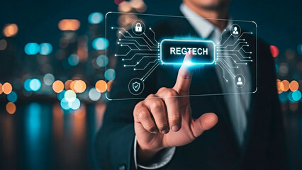Naklejka premium A person touching the virtual screen for RegTech concept.