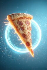 A slice of pepperoni pizza hovers against a glowing blue background, radiating a festive, delicious vibe.