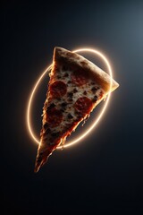 A slice of pepperoni pizza glows against a dark background, highlighting its delicious toppings and crust.