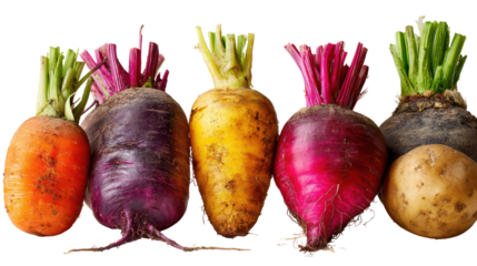 Winter root vegetables variety with carrot beet turnip and potato on transparent background