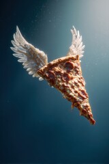 A whimsical flying pizza slice with angelic wings, set against a dark blue background with soft lighting.