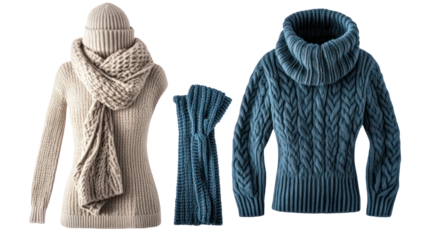 Wool sweater dress side by side with matching scarf gloves and accessories on transparent background