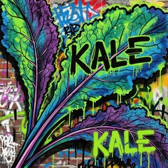 Fototapeta premium Vibrant, neon-colored leafy vegetable artwork is painted over a rough brick wall background