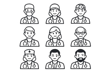 Fototapeta premium Set of diverse doctor avatars with medical icons