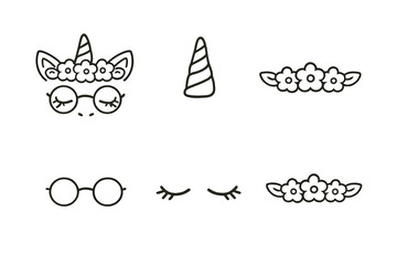 Cute Unicorn Face with Glasses and Flowers © Andrei
