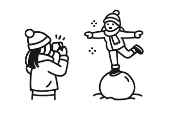 Child playing in the snow and taking pictures