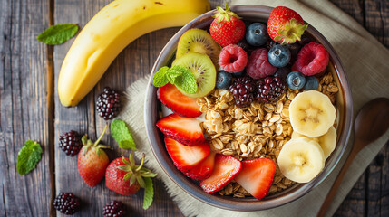 Healthy Breakfast Bowl with Fresh Fruits and Granola.