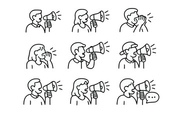 Naklejka premium Collection of minimalist cartoon figures speaking through megaphones or cupped hands