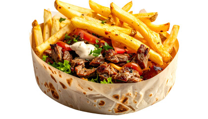 A hearty wrap filled with meat, fries, and fresh toppings
