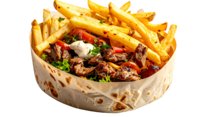 A hearty wrap filled with meat, fries, and fresh toppings
