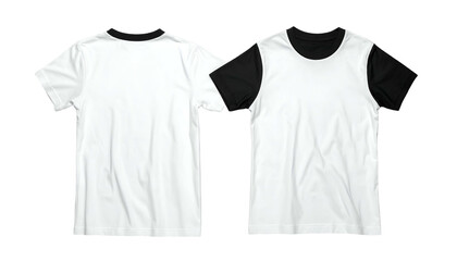 Front and back views of white t-shirts, one with black collar/sleeves