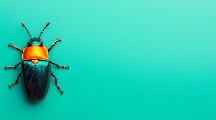 Iridescent Beetle Teal Background Top View