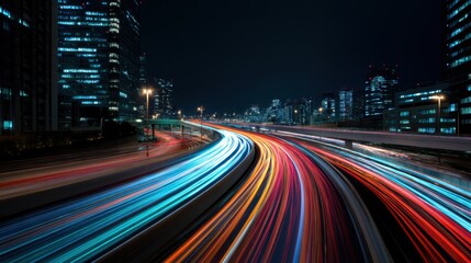 Fototapeta premium A captivating image showcasing the colorful light trails of vehicles speeding through a bustling city at night. Illuminated skyscrapers frame the dynamic scene, highlighting urban energy and movement.