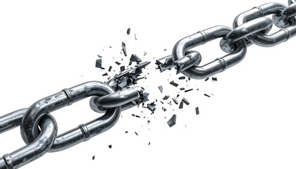 A metallic chain is depicted breaking apart with shards of metal spreading