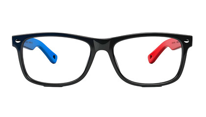 Black-framed eyeglasses with blue and red arms, isolated on black background