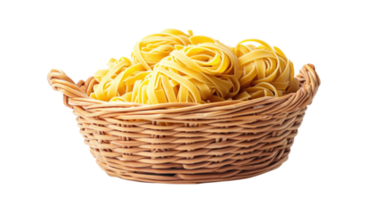 A basket of yellow pasta is sitting on a white background