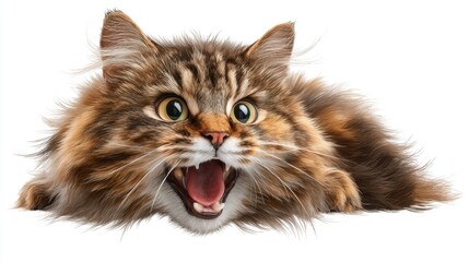 Obraz premium A close-up of a fluffy cat with wide eyes and an open mouth, displaying a curious and startled expression. The feline's fur is lush and vibrant, adding to its captivating appearance.