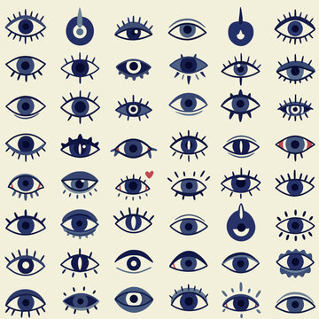 A collection of stylized blue and white evil eye symbols and various eye designs arranged in a grid pattern.