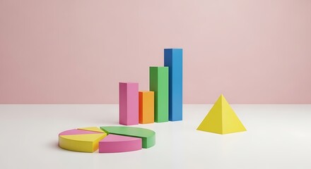 Colorful geometric shapes representing data and statistics, including a pie chart and bar graph, on a white surface with a pink background