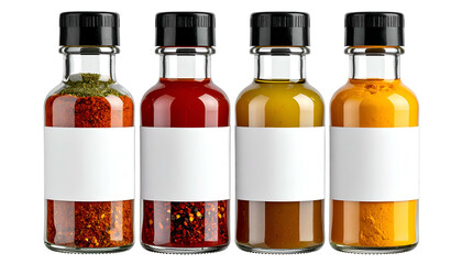 Four glass spice bottles with black caps and white labels filled with colorful powders