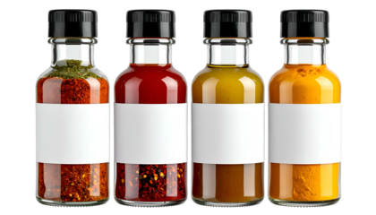 Four glass spice bottles with black caps and white labels filled with colorful powders