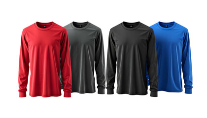 Four long-sleeve shirts, various solid colors, against black background