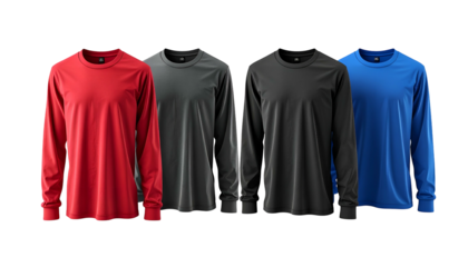 Four long-sleeve shirts, various solid colors, against black background