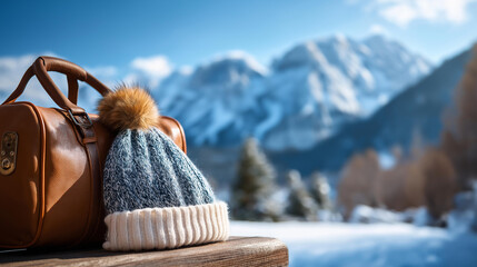 Travel luggage decorated with cozy winter hat positioned on stunning snowy mountain landscape viewpoint beautiful winter season scenery alpine travel ideas concept mountain