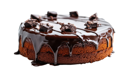 A chocolate cake with chocolate drizzle on top