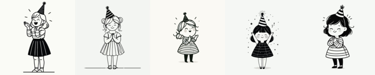 Fototapeta premium vector line art full body little girl clapping in party