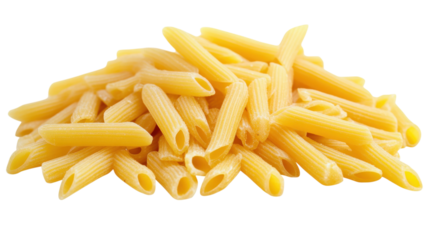 A pile of yellow pasta with a white background
