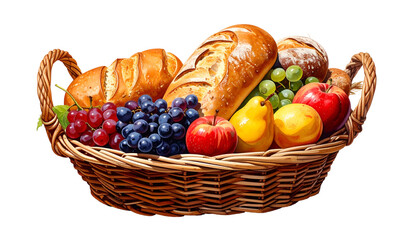 A wicker basket overflowing with freshly baked bread, colorful fruits, and grapes