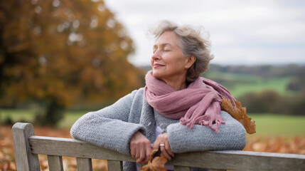 Peaceful elderly woman relaxing contentedly on weathered wooden park bench surrounded by autumn leaves during warm winter afternoon in countryside park senior retirement travel