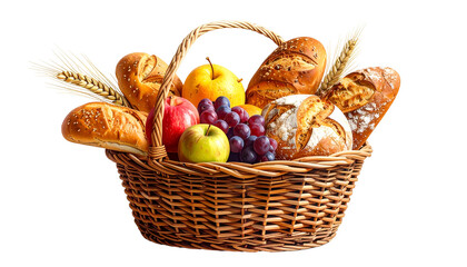 A woven basket overflows with varied breads, fruit, and wheat stalks, isolated on black