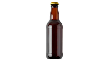 Studio shot of a brown glass beer bottle with a golden cap against a black background
