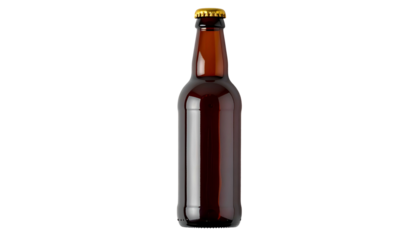 Studio shot of a brown glass beer bottle with a golden cap against a black background