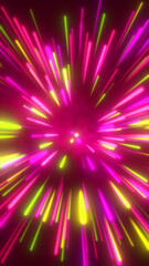 Vibrant explosion of colorful neon light rays radiating from the center, symbolizing energy and celebration