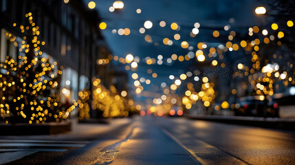 Blurred urban street scene illuminated with countless Christmas lights and decorations creating magical bokeh effect at nighttime city holiday atmosphere festive downtown