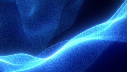 Bright blue glowing particle waves forming smooth flowing digital surfaces in a dark futuristic setting