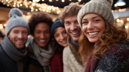 Group of happy friends cuddling closely and posing joyfully together during festive winter holiday celebration friendship bonding cold season gathering seasonal group portrait