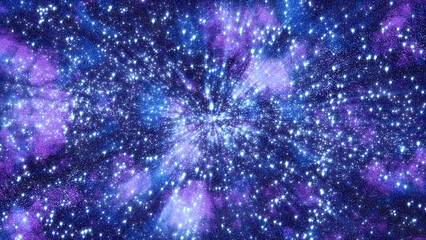 Abstract cosmic explosion of light and stars in purple and blue tones, symbolizing galactic birth or energy expansion in deep space