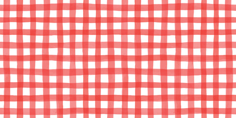 Seamless hand painted red gingham check pattern with soft watercolor texture. Warm cheerful plaid background ideal for fabric, wallpaper, packaging, stationery, kitchen and summer designs