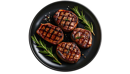 Four grilled steak medallions sit on a black plate with rosemary sprigs, top-down view