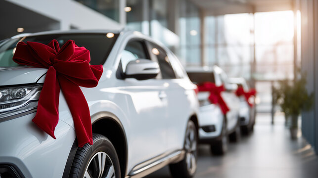 Row of pristine white vehicles decorated with oversized red velvet bows in modern car dealership showroom holiday automotive sales promotion Christmas marketing campaign